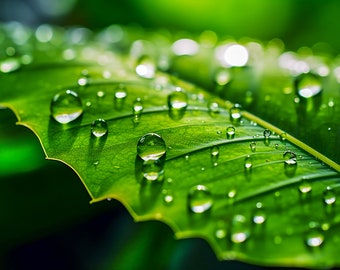 Raindrops on leaf | Printable Digital File | Nature | Design of cards, invitations, posters | Mid-journey | Raindrops On Leaf