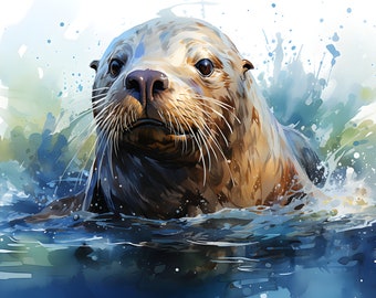 Seal portrait | Watercolors | Digital File | Cards Invitations And Posters | Artificial Intelligence | Mid-journey