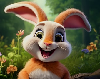 Funny bunny | Cartoon style | Cheerful Easter motif | Bunny in a flower meadow print | Funny bunny poster | Digital bunny download | AI style