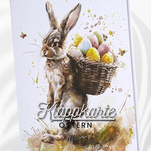 Ostergrüße | Aquarell Stil | Schöne Ostern Wünsche | Individuelle  Karte | Osterhasen Motive | Doppelkarte mit Umschlag | 300g Papier
