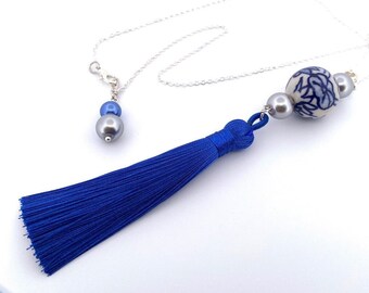 Blue Porcelain Tassel Necklace, Grandmillennial Jewelry, Blue and Silver Necklace, Long 20 Inch Silver Plated Chain, Gifts for Her