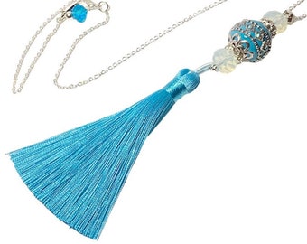 Boho Hippie Long Tassel Necklace, Turquoise Blue, Bohemian Jewelry, Blue and Silver Pendant, Soft Tassel Jewelry, 24 Inch Long Chain