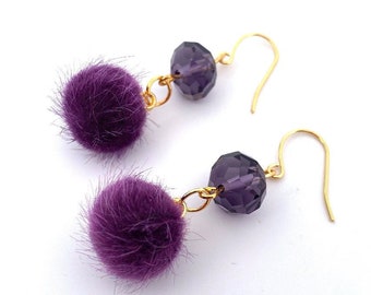Purple Faux Fur Pom Pom Earrings, Glass Crystal Dangle Earrings, Pom Tassel Jewelry, Bon Bon Earrings, Hypoallergenic, Gifts for Her