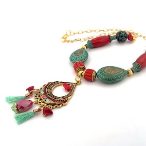 Boho Chandelier Necklace: Red, Teal, and Gold Beaded Pendant