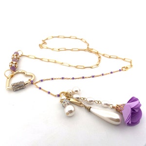 Purple + Gold Tassel Y Lariat Necklace, With Heart Clasp, Faux Pearls, and Lepidolite, Sparkly Unique Handmade Jewelry, Gifts for Her