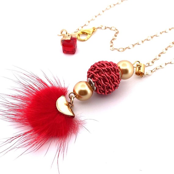Red Faux Fur Tassel Necklace Avant Garde Jewelry Statement Etsy