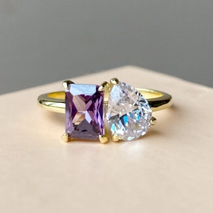 Toi et moi ring Double Stone Engagement ring 2 Stone Wedding Ring Radiant cut ring Pear ring 2 stone mothers ring Purple stone ring