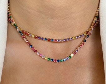 Tour de cou de collier de tennis Colliers superposés Tour de cou de tennis arc-en-ciel Collier coloré Collier CZ Collier multicolore Collier délicat