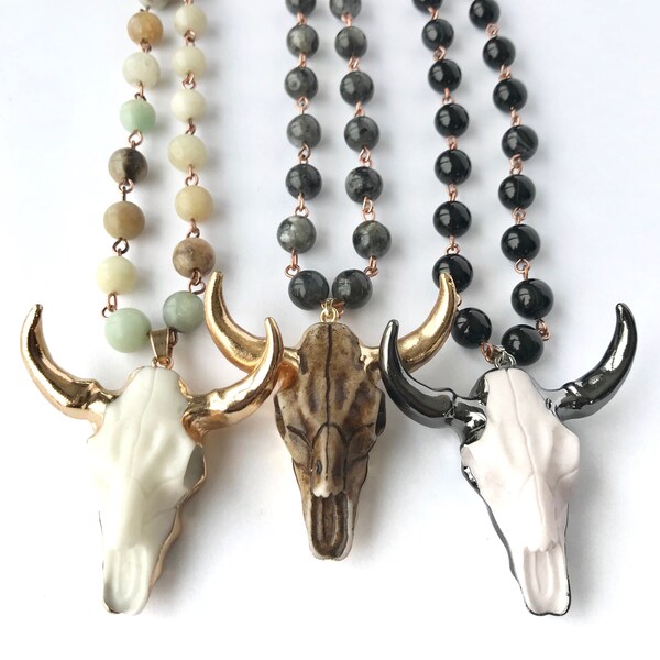 Bull skull necklace Bull skull pendant Steer necklace Long western necklace Horn necklace Boho necklace Bohemian jewelry Cow skull charm