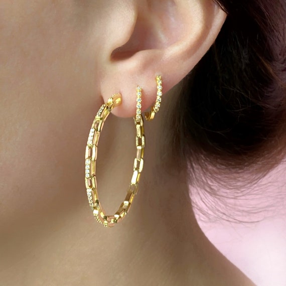 Chain Hoop Earrings Gold Hoops Diamond Hoops Crystal Hoop Etsy