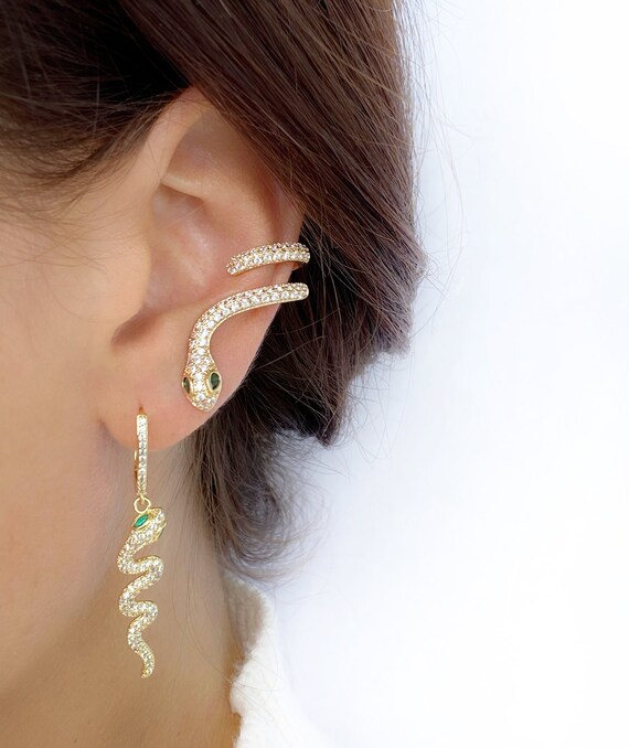 Snake Earrings Snake Dangle Earrings Gold Hoop Earrings Emerald