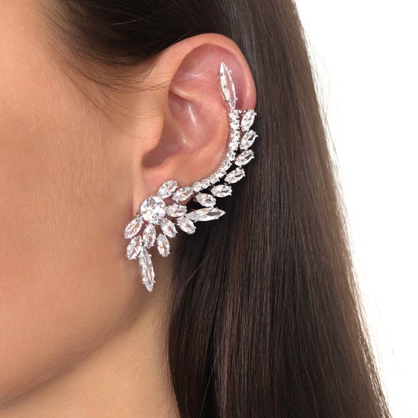 Crystal Ear climber earrings Ear crawler earrings Crystal ear cuff Asymmetrical earrings  Climbing earrings Bridal earrings Luxury ear cuff