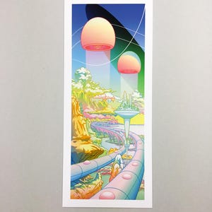 Könnte beinhalten: Eine farbenfrohe, abstrakte Illustration einer futuristischen Landschaft mit zwei rosa, kuppelförmigen Strukturen, die am Himmel schweben. Die Landschaft zeigt einen gewundenen, mehrfarbigen Weg mit einer großen, klaren Glasstruktur in der Mitte.