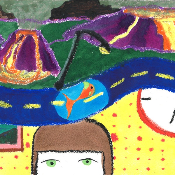 Volcanoes Watercolor and Oil Pastel Print - Inspired by Mental Illness - Childhood Memories