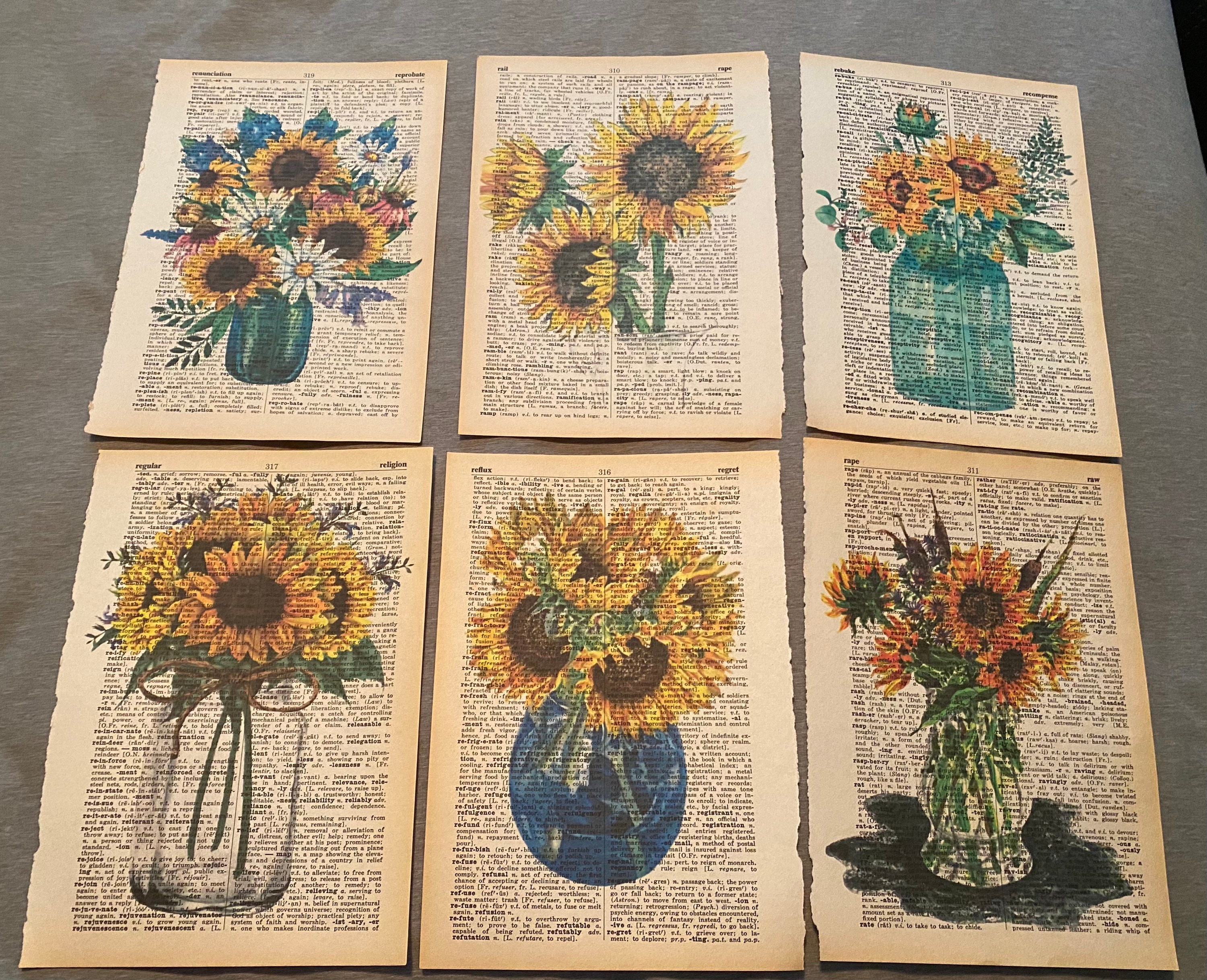 Sunflower themed dictionary prints