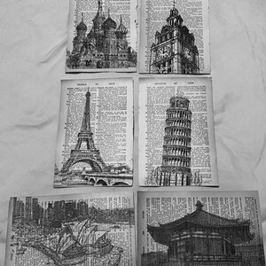 Może przedstawiać: Pięć czarno-białych rysunków słynnych zabytków, w tym Wieży Eiffla, Krzywej Wieży w Pizie i Opery w Sydney, jest wydrukowanych na stronach starych książek.