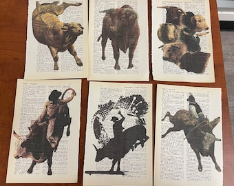 Peut inclure: Six pages de dictionnaire vintage avec des illustrations en noir et blanc de taureaux et d'autres animaux. Les illustrations sont imprimées sur les pages avec le texte du dictionnaire visible autour des images.
