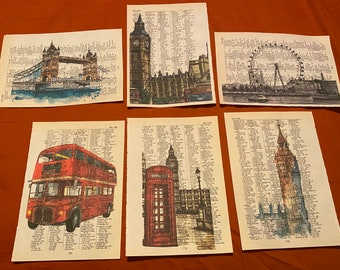 London, England themed dictionary prints