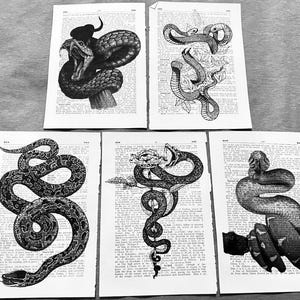 May include: Five black and white printable art prints featuring different snake illustrations on a vintage book page background.