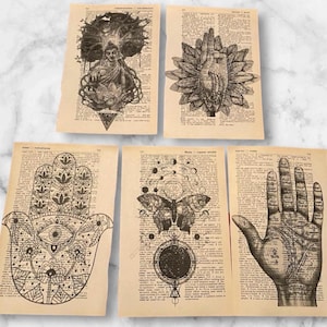 May include: Set of five printable art prints featuring various spiritual and mystical symbols. The prints are in black and white and are printed on a vintage book page background. The symbols include a hamsa hand, a butterfly with a celestial design, a hand with lines, a sunflower with a hand inside, and a meditating Buddha.