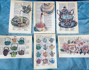Set of 6 Coloful Teapot themed dictionary prints