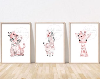 three triptych posters watercolor animal posters for baby or girl's room - melcreas wood and paper posters