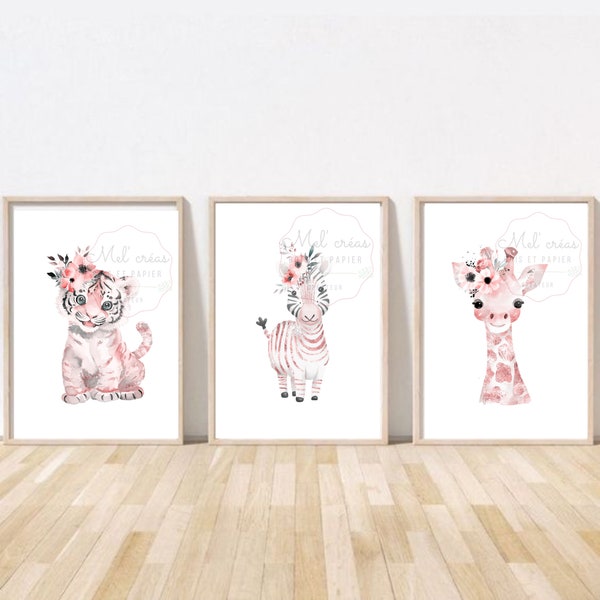 trois affiches triptyque affiches animaux aquarelle pour chambre bébé ou fille - affiches melcreas bois et papier