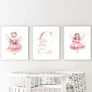 lot de 3 affiches murales - poster thème fée - déco de chambre rose- déco chambre fille fée - cadeau personnalisé avec prénom de bébé fille