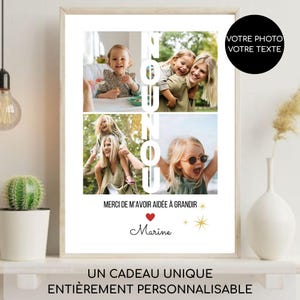 Peut inclure: Un cadre photo avec quatre photos d'un enfant et d'un adulte, avec le mot "NOUNOU" en blanc. Le cadre comprend le texte "MERCI DE M'AVOIR AIDÉE À GRANDIR" et "Marine". Un cercle noir avec le texte "VOTRE PHOTO VOTRE TEXTE" est dans le coin supérieur droit.