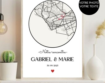 Un regalo perfecto para una pareja: un póster de recuerdo personalizado con el lugar de encuentro, los nombres y la fecha, sin marco.