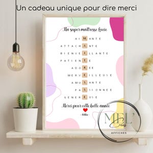 Póster de Scrabble personalizado para profesor/a – Regalo de fin de curso para guardería o primaria – Gracias profesor/a, nombre del niño/a y del profesor/a