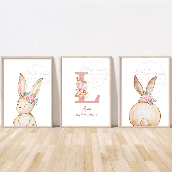 trois affiches triptyque affiches avec prénom personnalisée lapin aquarelle pour chambre bébé ou fille - affiches melcreas bois et papier