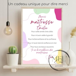 affiche merci maîtresse personnalisé – Cadeau fin d’année école maternelle ou élémentaire avec prénom enfant – Idée touchante maîtresse