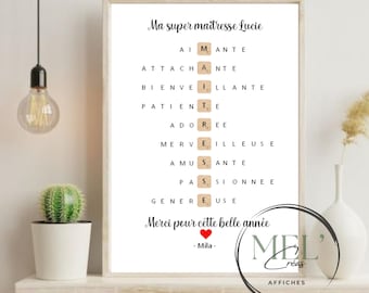Regalo personalizado de fin de curso – Gracias profesor/a, ATSEM – Póster con el nombre del niño/a – Idea de regalo original – Póster sin marco