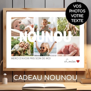 Peut inclure: Un cadre photo rectangulaire en bois clair présentant un collage de cinq images d'enfants et d'adultes. Le texte indique NOUNOU, MERCI D'AVOIR PRIS SOIN DE MOI, Louise, et VOS PHOTOS VOTRE TEXTE. L'impression est posée sur un bureau en bois.