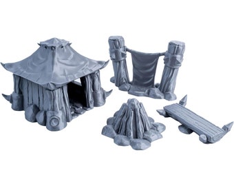 Orc Camp Set: Rustic Cabin, Battle Banner, Cozy Campfire & Wooden Bench - 28/32mm Scale - Ideal for Tabletop RPGs and Wargames