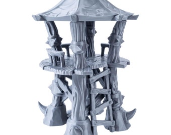 Orc Camp - Two-Level Watchtower with Ladder, Stackable Design, 28/32mm Scale, Gray and Unpainted