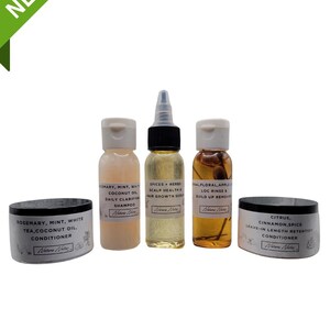 May include: Four small bottles of hair care products with labels. The bottles are labeled "Rosemary, Mint, White Tea, Coconut Oil. Conditioner", "Rosemary, Mint, White Tea, Coconut Oil. Daily Clarifying Shampoo", "Spices + Herbs Scalp Health & Hair Growth Serum", and "Floral, Apple & Loc Rinse & Build Up Remover".