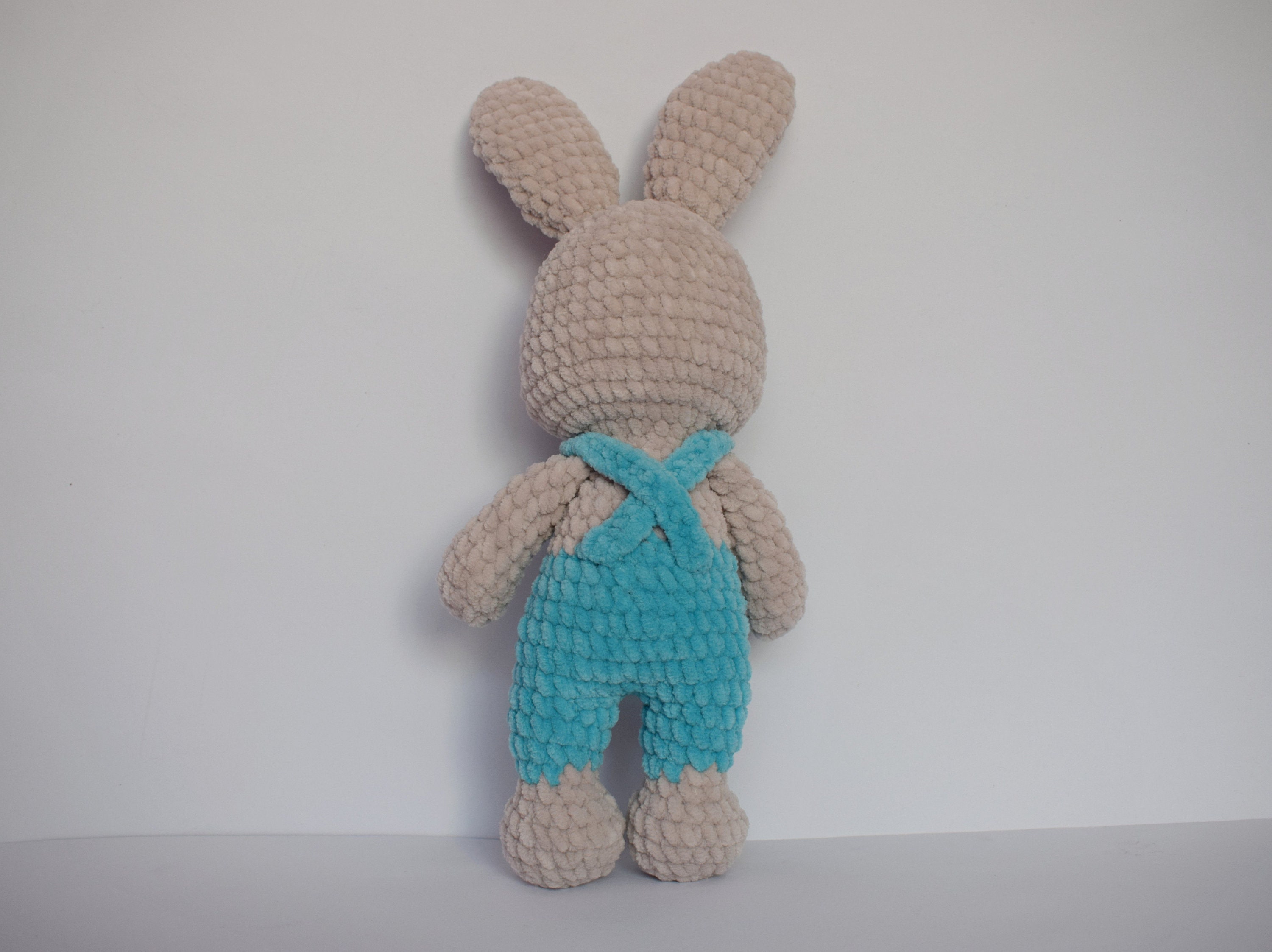Handmade Crochet Bunny Toy in Blue Jumpsuit