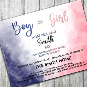 Navy and Pink Smoke Bomb Gender Reveal Invitation | Boy or Girl | He or She | Digital Invite for Printing or Email