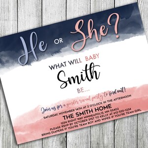 Personalized Navy and Pink Water Color Gender Reveal Invitation | Gender Reveal Invite | He or She | **DIGITAL FILE**