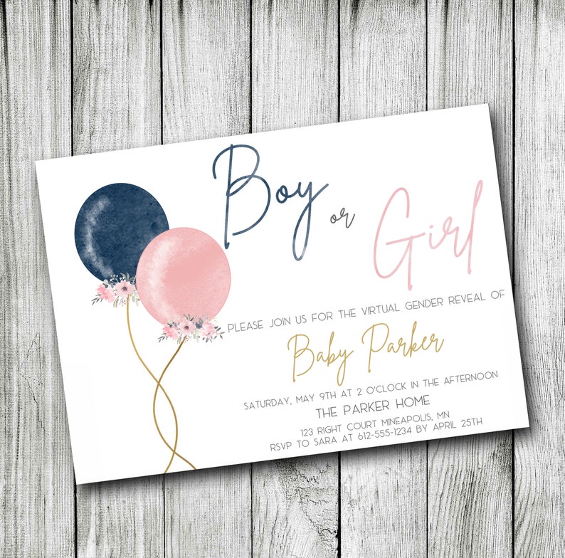 Gender Reveal Invitation or VIRTUAL Gender Reveal Navy Blush Balloons Boy or Girl DIGITAL Etsy