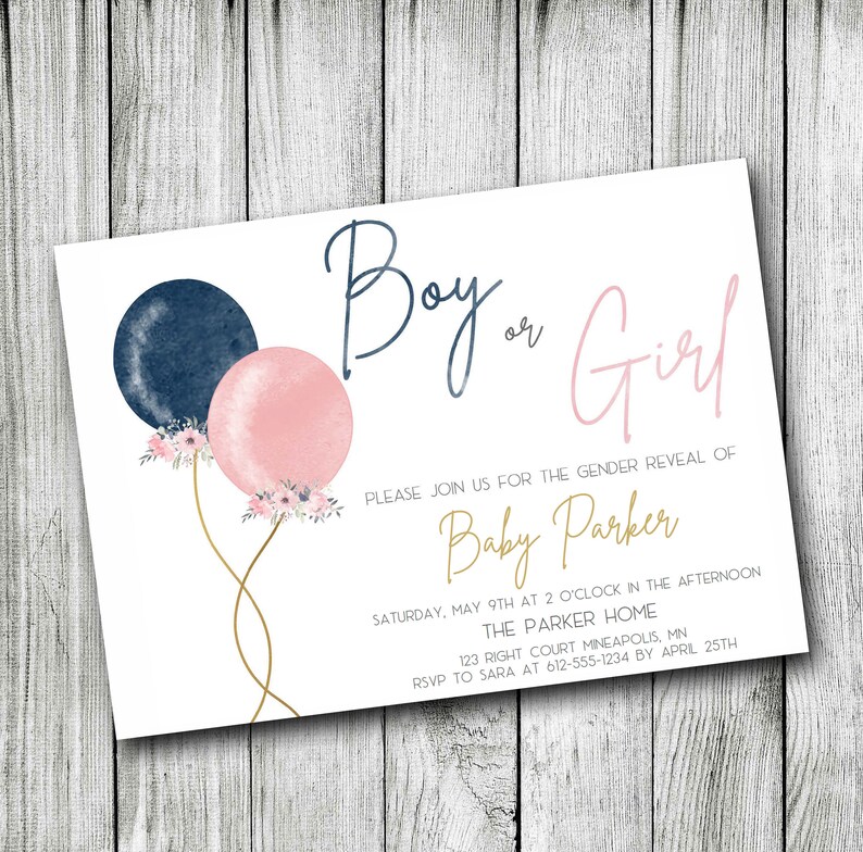 Gender Reveal Invitation or VIRTUAL Gender Reveal Navy Blush Balloons