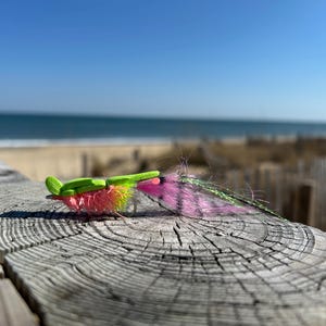 May include: A colorful fishing fly rests on a weathered wooden surface with a beach and ocean backdrop. The fly features a neon green body, pink and yellow accents, and a purple and green tail.