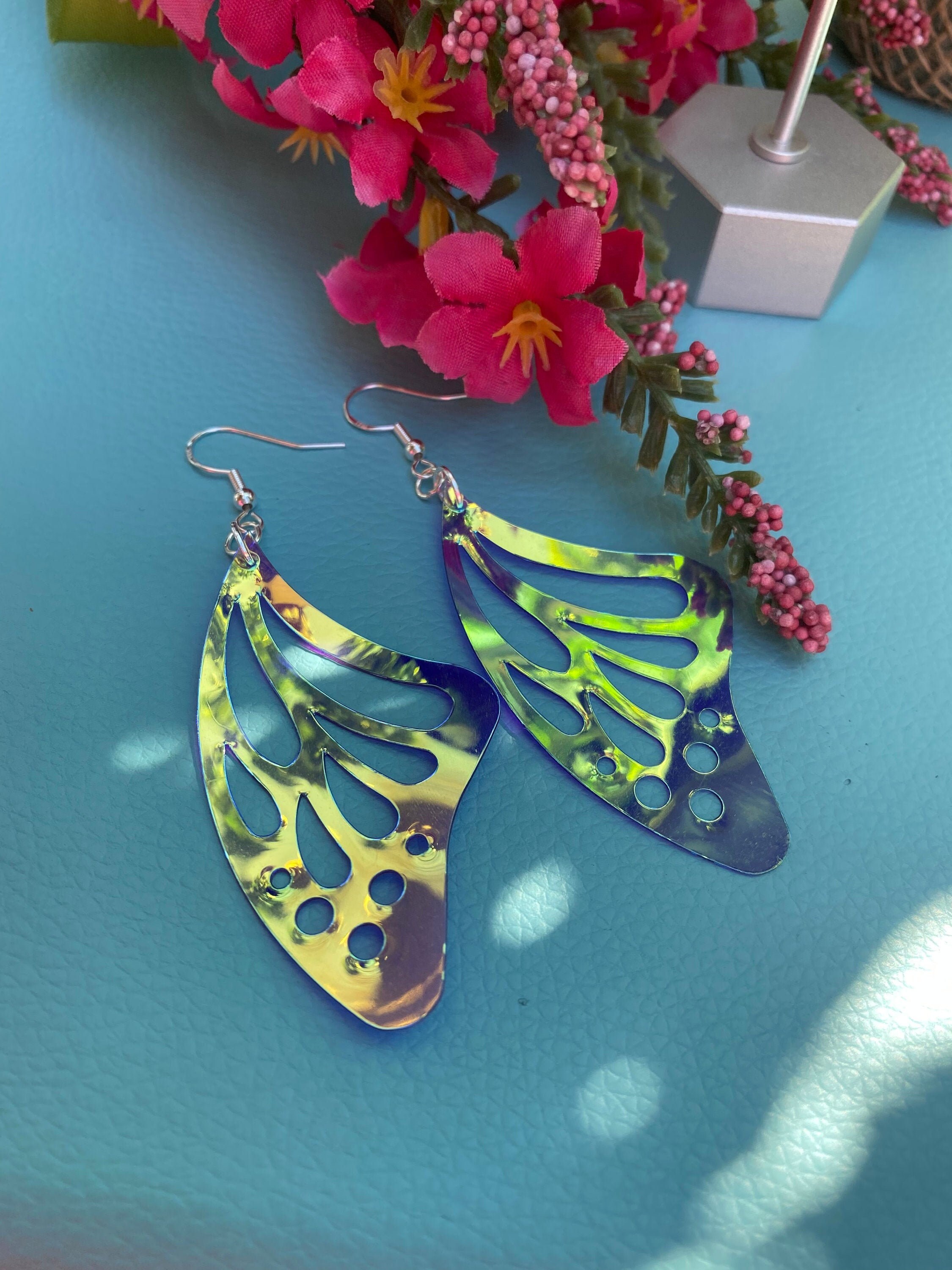 Butterfly Earrings, Butterfly Wing Earrings, Rave Earrings, Hollographic Earrings, Iridescent Jewelry, Fun Jewelry