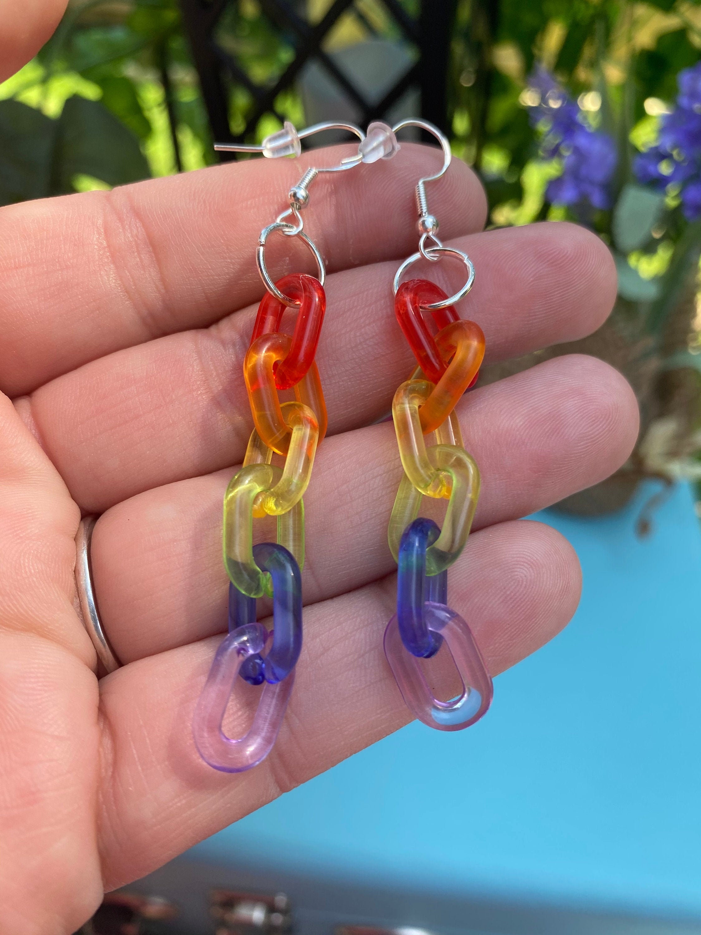 Rainbow link earrings, plastic chain earrings, chain earrings, 80s earrings, colorful earrings, rainbow earrings, gift