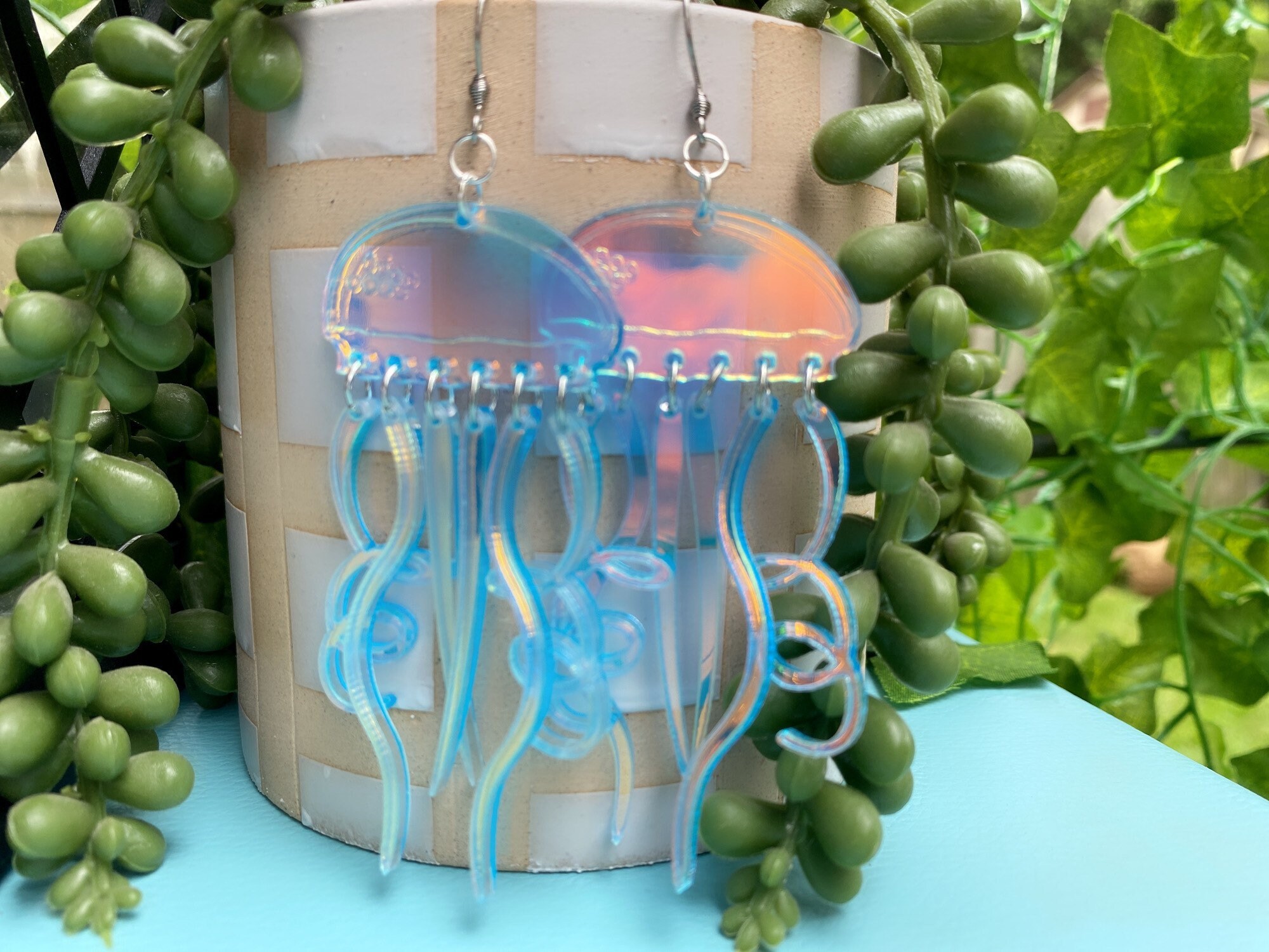 Jellyfish earrings, iridescent earrings, acrylic earrings, beachy earrings, sea jewelry, gift