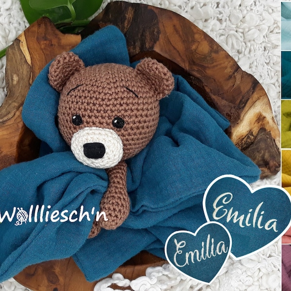 Bio Schnuffeltuch 100% Natürlich aus Baumwolle | Teddy | Musselin mit Name personalisierbar - Bär gehäkelt | Geburt | Geburtstag | Stickerei