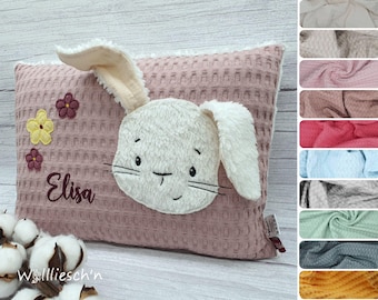 100% natürliches Kuschelkissen mit Stickerei personalisierbar Namenskissen, Taufkissen, Schmusekissen, Geburtskissen, Babykissen, Baby, Hase