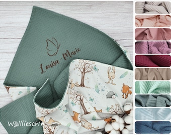 Babydecke aus 100% Baumwolle mit Name personalisierbar | Waffelpiqué | viele Motive und Farben | Kuscheldecke | Geschenk zur Geburt